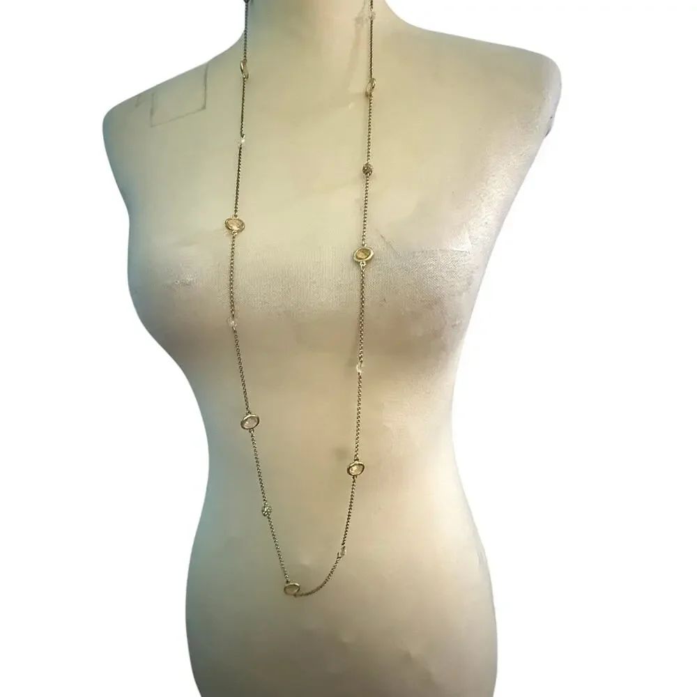 Gold Tone Long Station Necklace with Champagne Oval Crystals & Clear Glass Beads
